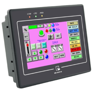 Portable black control panel with a purple screen displaying assorted switches, buttons, and menus.