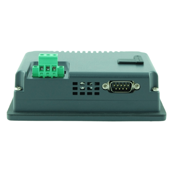 Industrial controller housing with a green terminal block and a DB-9 serial connector on the side, mounted on a base plate