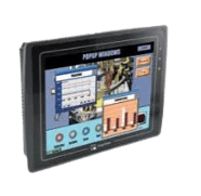 Rugged tablet displaying a multi-panel dashboard with charts, graphs, and status icons on its screen.