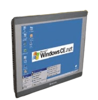 Compact rugged monitor/tablet showing the Windows CE desktop with a blue screen and the Windows CE.net logo.