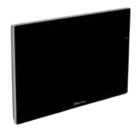 Slim black flat-screen TV viewed at a slight angle, with a slim bezel on a white background