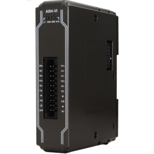 AI04-VI industrial control module with two terminal blocks and labeled power/signal connections (VO+, IO+, VO-, V2+, AG, 24V).