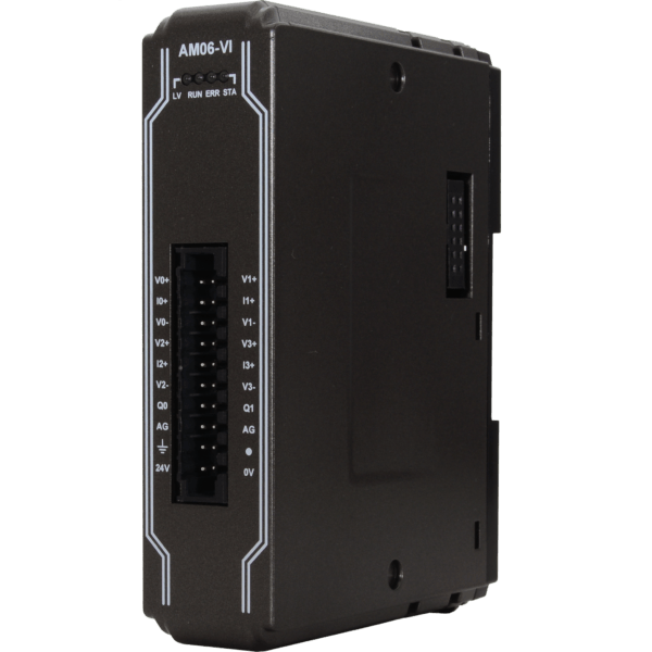 Black industrial I/O module with multiple labeled terminals (V0+ to V3+ and I/O pairs) viewed from the side.
