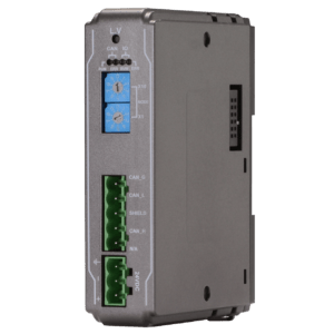 Industrial controller module with blue adjustment dials and green terminal blocks labeled CAN_G, CAN_L, SHIELD, CAN_H and 24VDC power input