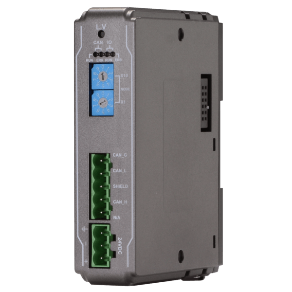 Industrial controller module with blue adjustment dials and green terminal blocks labeled CAN_G, CAN_L, SHIELD, CAN_H and 24VDC power input