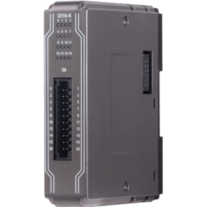 Industrial control module with a 16-pin input terminal block labeled DI16-K and IN, used in PLC systems.
