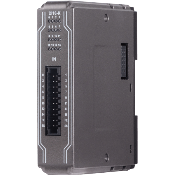 Industrial control module with a 16-pin input terminal block labeled DI16-K and IN, used in PLC systems.