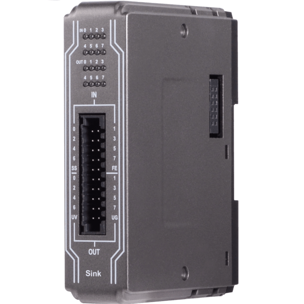 Sink-enabled PLC I/O module with input/output terminal block and labeled IN/OUT on the front panel