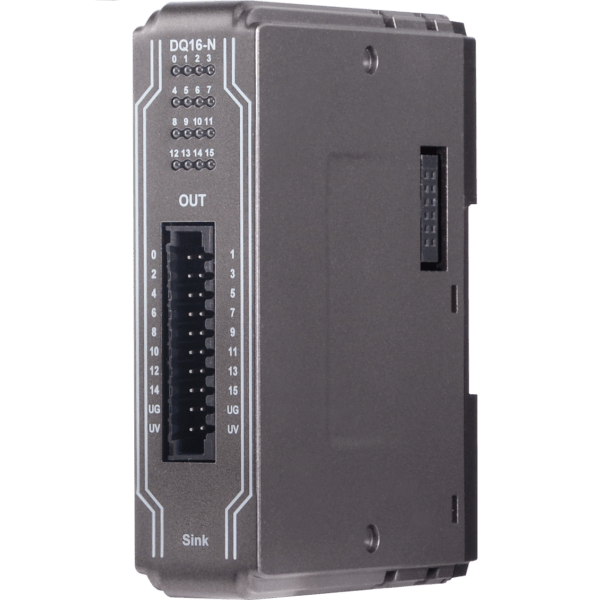 Industrial PLC I/O module with a vertical 16‑pin header labeled 0–15, 'OUT', and 'Sink' at the bottom.