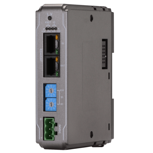 Industrial automation I/O module with two Ethernet ports, status LEDs, blue adjustment dials, green terminal blocks, and 24V DC power input.