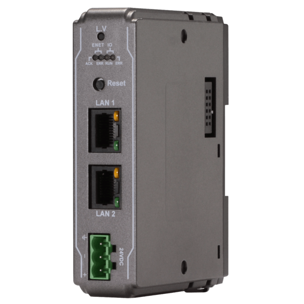 Industrial network module showing two Ethernet LAN ports (LAN1, LAN2) and a 24V DC power terminal, with a Reset button and status LEDs on the front.