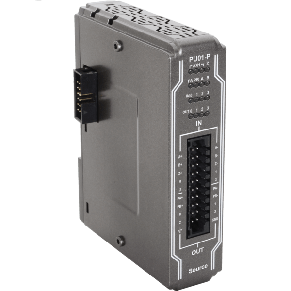 Industrial automation module with multiple terminal blocks and labeled I/O ports (IN/OUT, A/B, Z, PA/PB, GND), viewed from the side.