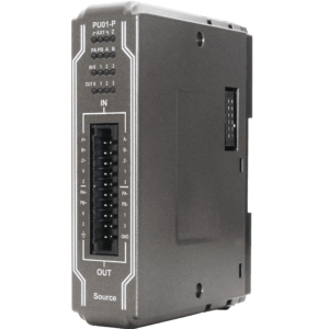 Industrial control module with wired terminal blocks labeled A±, B±, PA±, PB±, Z+, Source, In, Out, and Ground panels.