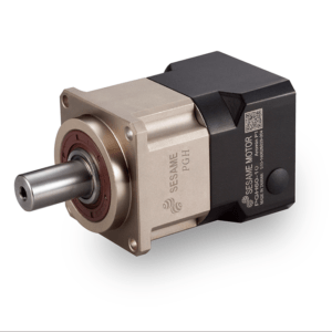 Servo motor with bronze gearhead and black encoder housing, used for precision motion control in machinery.