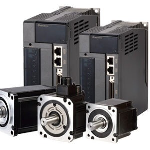 Three compact servo motors with two matching servo drives in the background, suited for automation and motion control systems.