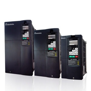 Three Shihlin SAS Series industrial variable-frequency drives (VFDs) aligned on a white studio background.