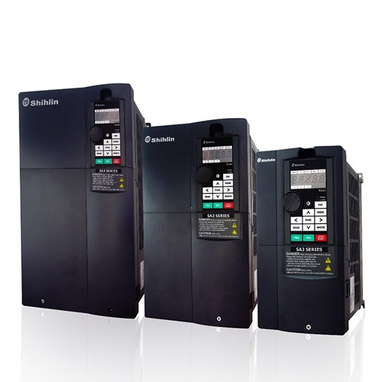 Three Shihlin SAS Series industrial variable-frequency drives (VFDs) aligned on a white studio background.