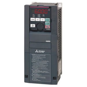 Mitsubishi Electric A800 servo drive/variable frequency drive with a red digital display showing 60.00 Hz and control buttons on top panel (industrial equipment)