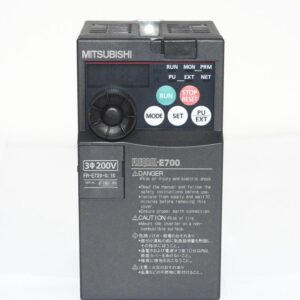 Mitsubishi FR-E700 inverter with control panel, featuring a green RUN button, red STOP/RESET button, and MODE/SET buttons above a small display area.