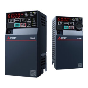 Two Mitsubishi Electric E800 servo drives with red LED readouts and front control panels showing Run/Stop buttons.