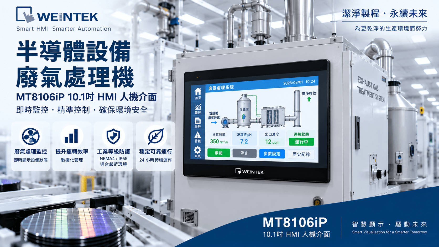 威綸 MT8106iP 10.1吋 HMI 半導體設備廢氣處理機智慧監控應用
