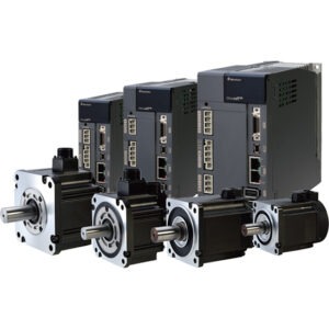 Group of four industrial servo motors with their accompanying servo drives, arranged in a row on a white background.