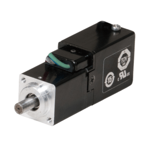 Small geared DC motor with black rectangular housing, three wiring leads, and a metal output shaft on a mounting flange