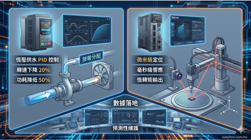 探討變頻器如何根據實際需求調整馬達轉速達到節能降耗，以及伺服系統如何在毫秒間完成精準定位