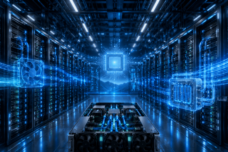 Blue-toned data center with server racks and glowing circuit connections converging on a central illuminated microchip