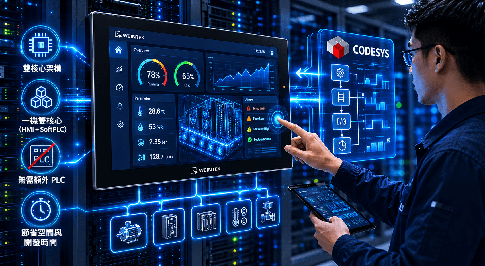 Technician in a data center touches a neon holographic control panel displaying server metrics, charts, and a 3D rack diagram.