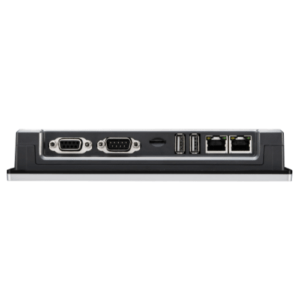 Rear panel of a compact industrial computer showing two serial (DB-9) ports, four USB ports, two Ethernet ports, and a power input.