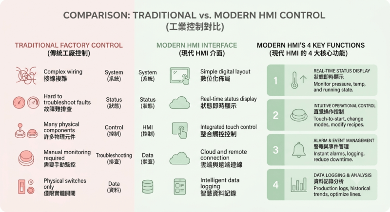 Comparison infographic: Traditional factory control vs. modern HMI interface and its four key functions (with bilingual headings). HMI , EasyBuilder Pro , 威綸人機 , Weintek , 人機介面 , 威綸人機軟體 