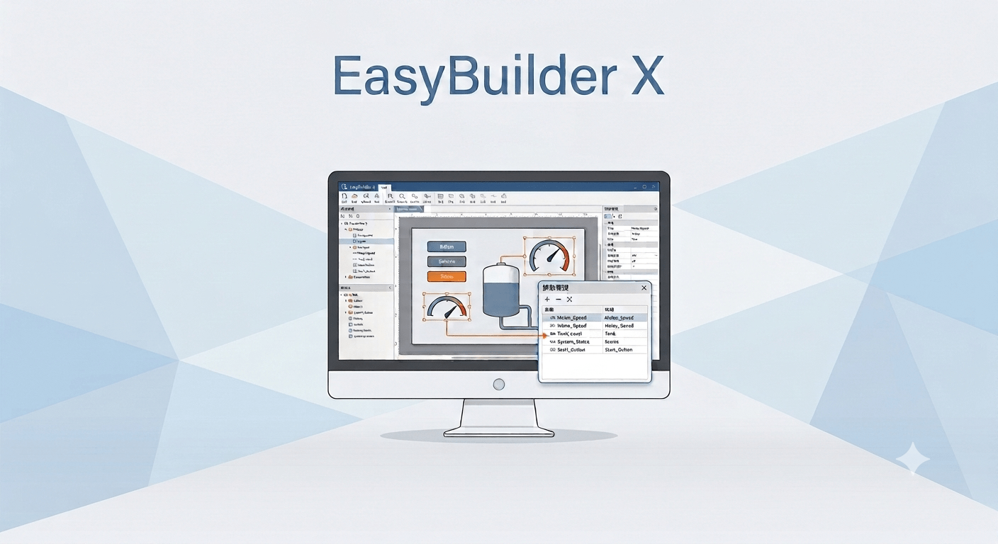 Monitor displays EasyBuilder X software UI with a flowchart and a pop-up data window.